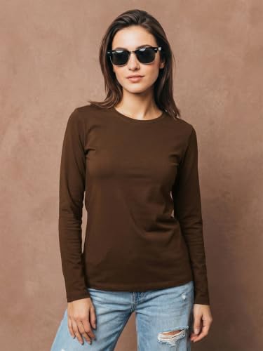 Image of JUNEBERRY Pure Cotton Round Neck Regular Fit Core Fashion Solid Full Sleeve T-Shirt for Women & Girls (Colors: Black, Cork, Green, Navy, Swanwhite & White)