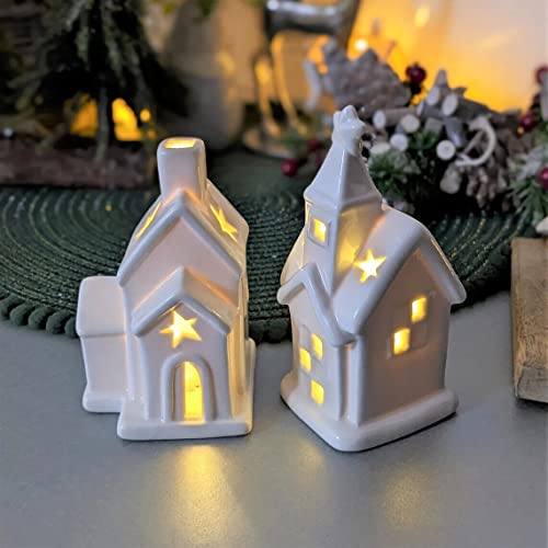 Set of LED White Ceramic Church and House with Batteries Christmas LED Village Scene Decoration