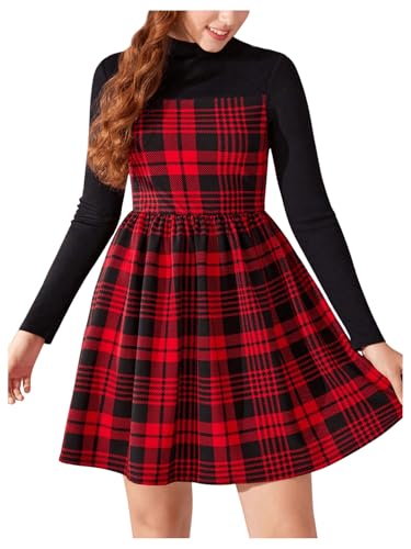 SweatyRocks Girl's Tartan Plaid Dress Long Sleeve High Waisted A Line Flared Short Dresses