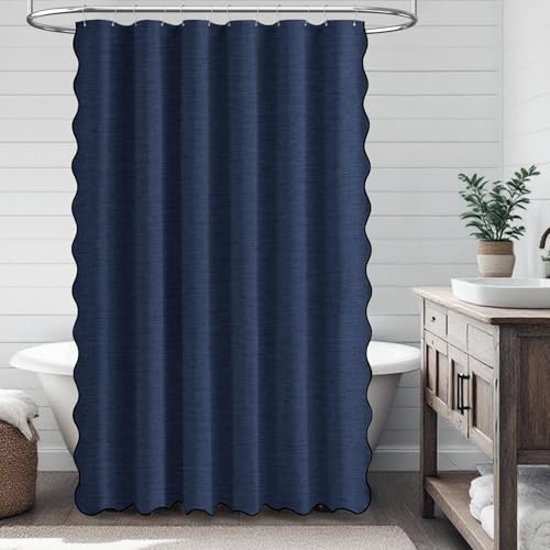 BTTN Navy Blue Scalloped Shower Curtain, Linen Textured Cute Fancy Heavy Duty Fabric Shower Curtain Set with Plastic Hooks, Hotel Luxury Waterproof Cloth Shower Curtains for Bathroom Bathtub, 72x72 by BTTN - Used condition - Image 7