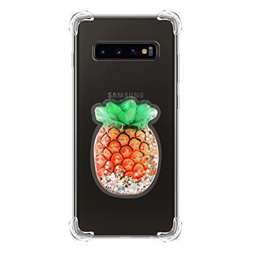 Jorisa Case for Samsung Galaxy S10e,Crystal Clear Skin with 3D Liquid Bling Sequin Pattern and Long lanyard,Shock Absorption Air Cushion Rubber Silicone Protection Case,Pineapple