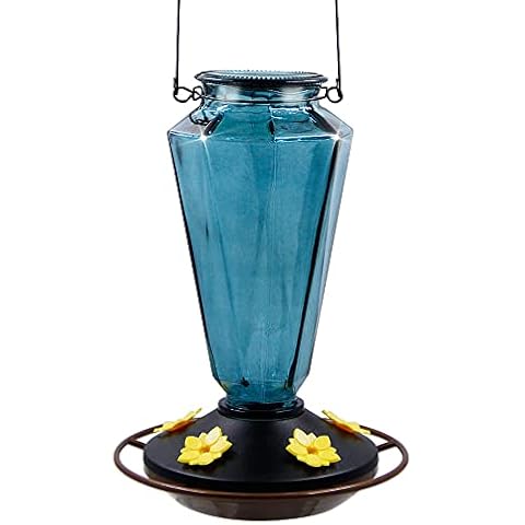 Juegoal Glass Hummingbird Feeders for Outdoors - 22 oz Wild Bird Feeder 5 Feeding Ports, Diamond Shaped Metal Handle Hanging for Garden Tree Yard Outside Decoration, Gray-Blue Cover