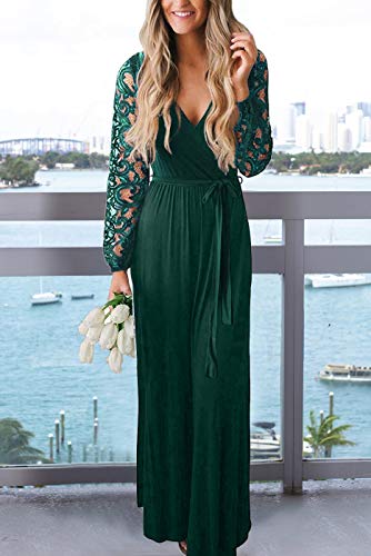 Zattcas Women's Vintage Lace Long Sleeve Wrap V Neck Evening Party Maxi Dress Dark Green X-Large