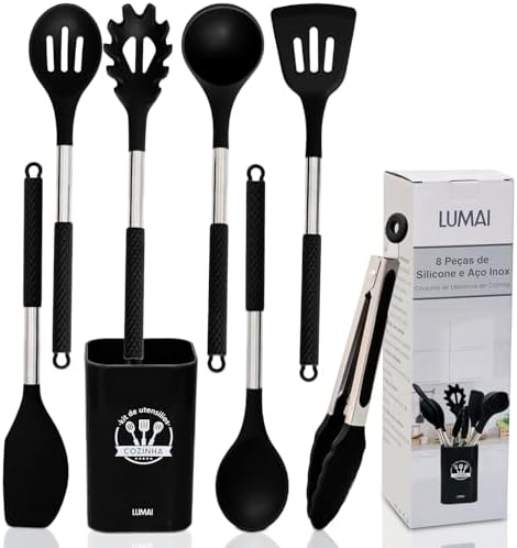 LUMAI Kit Utensílios de Cozinha Inox e Silicone 8 Peças com Supor...