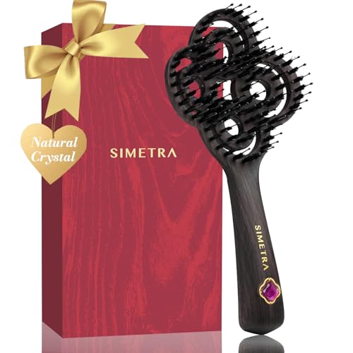 Simetra Detangler Hair Brush for Women and Men, Holiday Present - Original Detangling Brush for Curly Hair/Wet & Dry Hair, Natural Boar Bristles Hairbrush - Natural Crystal Inlay & 14K Gold Plating