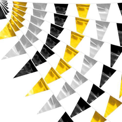 Image of 65FT Black Gold Silver Glitter Triangle Pennant Banner Flag Metallic Bunting Fabric Garland for Christmas Wall Hanging,Graduation, New Years Decorations,Father' Da Decorations Party Supplies