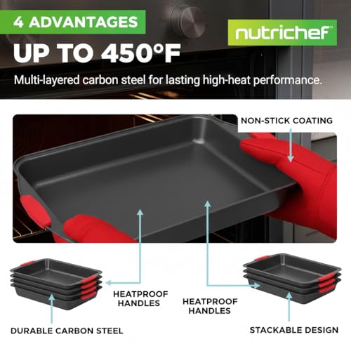 Image of NutriChef 10-Piece Nonstick Kitchen Oven Baking Pans - Premium & Stylish Non-Stick Carbon Steel - Commercial Grade Restaurant Quality Metal Bakeware with Silicone Handles - Easy to Clean, NCSBS10S
