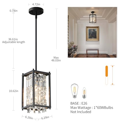 Image of LMQNINE Modern Black Pendant Light Fixtures for Kitchen Island, Crystal Chandelier Lights Fixture, Adjustable Farmhouse Pendant Lighting for Dining Room Bedroom (Square 1-Light)