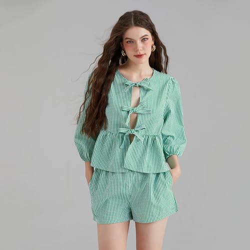 Image of Yuemengxuan Women Y2k Two Piece Plaid Lounge Sets Puff Sleeve Tie front Blouse Top High Waist Shorts Casual Pajamas Sets