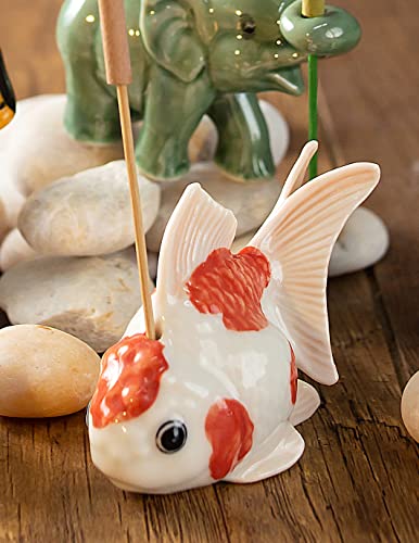 Goldfish Incense Holder - Ceramic Incense Stick Burner - Small 2.5" Gold Fish Figurine White And Orange Porcelain - Perfect Cute Miniature Collectible Gift (White & Orange) #TOP2