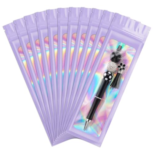 ANZNKU 100 Pcs Holographic Mylar Pen Bags 2.7x9, Purple Pen Sleeve Sealable