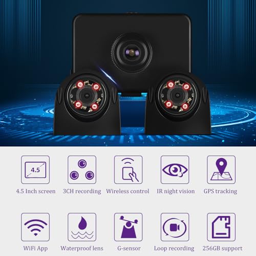 VSYSTO T4.5 3 Channel Dash Cam with 4.5\" Monitor, Waterproof Backup Camera - 1080P Front & IR Night Vision Rear/Side Cameras for Semi Truck RV Trailer Van Bus - Parking Mode, Free App, Loop Recording - Thumbnail 2