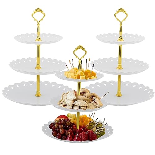 Set of 3 Pieces 3 Tier Dessert Stand Fruit Plate Cupcake Plastic White Cup Cakes Desserts Fruits Candy Buffet Serving Tray (White Round 3pcs)