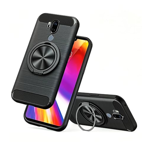 Compatible for LG G7 ThinQ / Fit / One Phone Case, 360° Rotatable Ring Holder & Kickstand, Shock Absorbing Flexible TPU Rubber Carbon Fiber Jacket Protective Cover Case for LG G7 Plus ThinQ (Black)