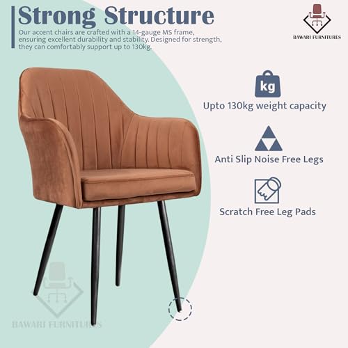 Image of Plush Dining Chair | Accent Chair for Living Room Bedroom Restuarant | Velvet Fabric & Thick Cushion Seat with Sturdy Glossy Metal Legs (Black Legs, Light Brown)