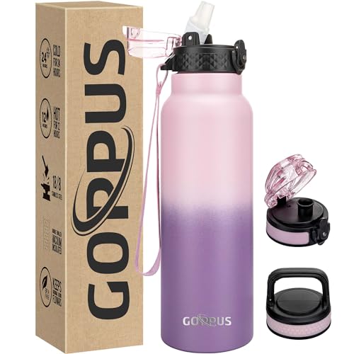 GOPPUS 750ml/26oz Stainless Water Bottle with Straw Double Wall Insulated Bottles with Strap Reusable Vacuum Thermal Flask Leakproof Keep Cold Drinks Bottles with Flip Top Lid for Men Women BPA Free