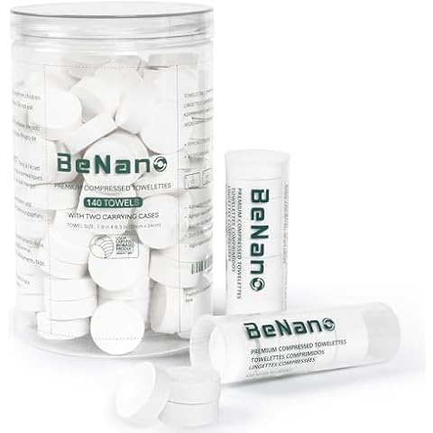 Premium Compressed Towelettes, Coin Tissues, Disposable Compressed Towels, Toilet Paper Tablets, 140 Pcs with 2 Carrying Cases, Cleaning Cloths Towelettes, Face Towel, Fragrance Free, Biodegradable Cover