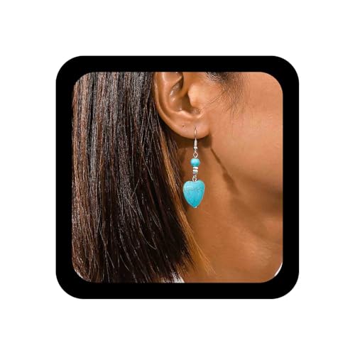 Image of Inilbran Boho Heart Drop Earrings - Turquoise Stone Hook Earrings - Vintage Dangle Earrings - Silver Turquoise Jewelry for Women and Girls Gifts