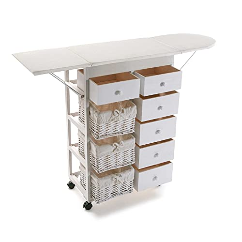 DRW Mueble planchador Blanco con cajones, cestos y Ruedas 121x32x89 cm Abierto