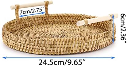 IGNPION Round Rattan Woven Serving Tray 24.5cm Decorative Display Tray Storage Platters with Handle Table Desktop Organiser Tray for Coffer,Drink,Breakfast,Tea,Candle