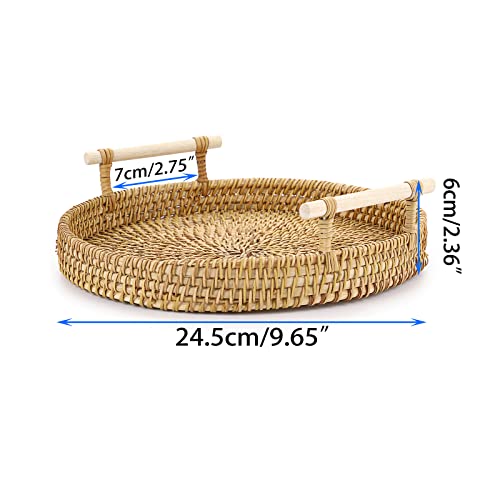 Miniatura 3 de Ignpion Bandeja Redonda De Ratán Tejida 24,5 Cm Bandeja De Exhibición Decorativa Bandeja De Almacenamiento Con Asa Organizador De Escritorio Para Café, Bebida, Desayuno, Té, Vela