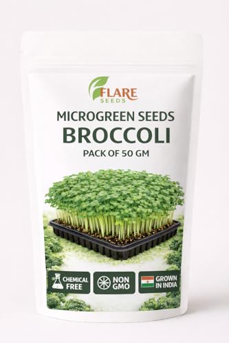 Image of Broccoli Microgreen Seeds, Non-GMO Chemical Free, 50 GM Pack, Rich in Sulforaphane, Vitamins A C K, Fiber, Grown in India
