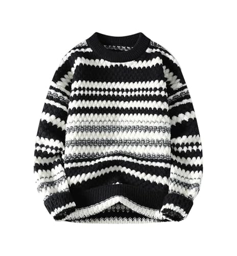 Men's Winter Warm Knitted Sweater Irregular Stripe Pullover Loose and Warm Fall Pullover Sweater Tops