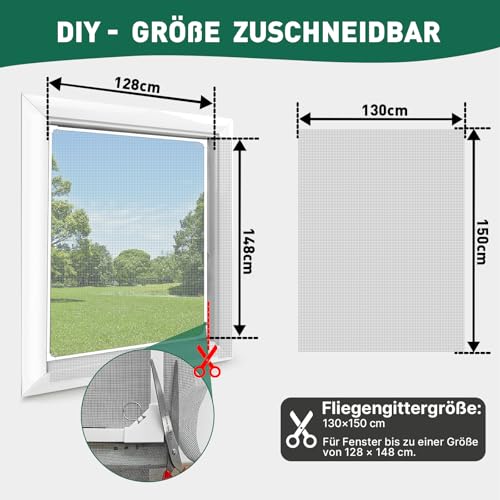 MLEJU Fliegengitter Fenster Magnet, DIY Insektenschutz Magnetfenster, Zuschneidbar bis 130 x 150 cm, Einfache Montage ohne Bohren, Magnet Rahmen für Fliegengitter Fenster, Glasfaser-Mesh(Graues Netz)