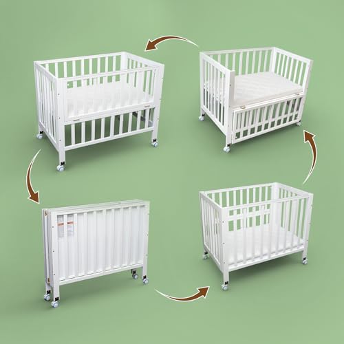Flwrgirl Mini Baby Crib 4-in-1 Pine Wood, Adjustable, White