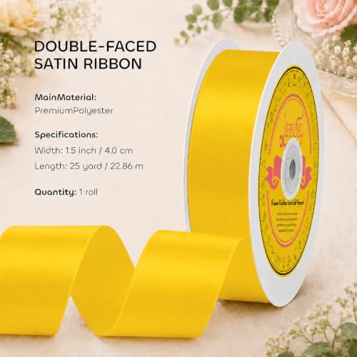 Image of Double Face Yellow Satin Ribbon 1-1 /2 inch X 25 Yards Polyester Yellow Ribbon for Gift Wrapping Very Suitable for Weddings Party Hair Bow Invitation Decorations and More