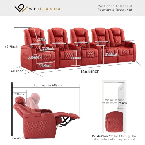 Image of Weilianda Home Theater Seating, Top Grain Leather Movie Theater Chair | Red Row of 5 Loveseat Right, Zero Gravity, Power Headrest, Tray Table, Electric Reclining Seat for Media Room