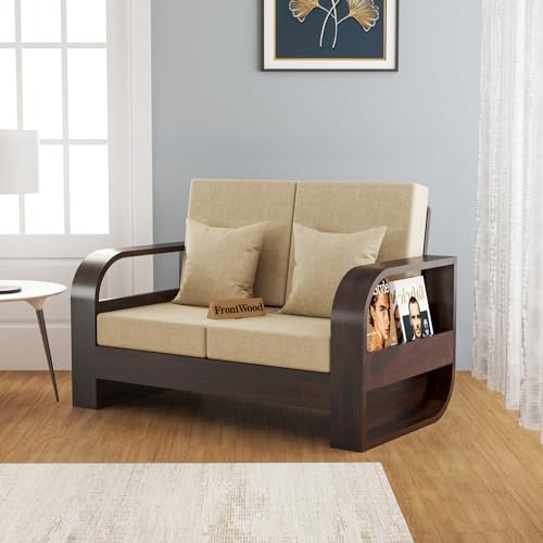 Image of Sheesham Wood 2 Seater Sofa Set for Living Room Home Office Solid Wood Sofa Set Furniture Wooden Two Seater Sofa Set (Walnut,Cream)