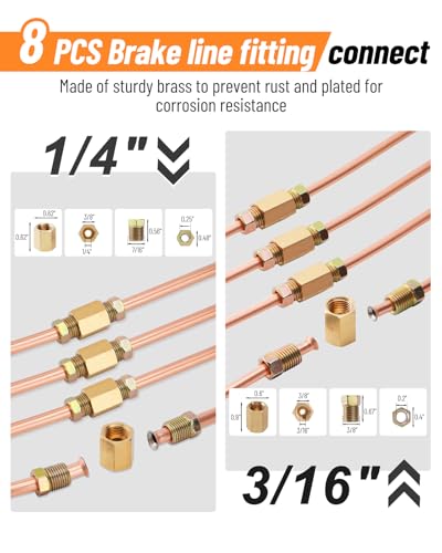 Image of 25FT 1 /4 inch + 3 /16 inch Copper Brake Line Kit | Includes 32 Fittings and 8 Unions + Tube Bender + Brake Line Double & Single Flaring Tool Kit