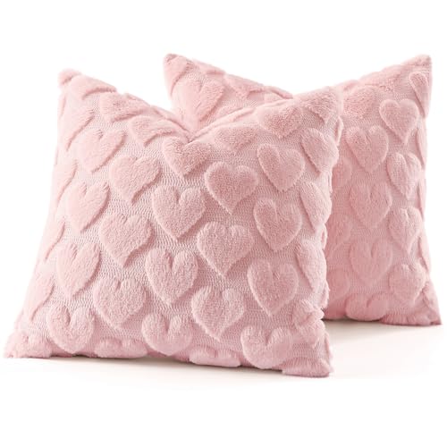 Image of decorUhome Valentine's Day Soft Plush Throw Pillow Covers 20x20 Inch Set of 2, Faux Fur Pink Heart Decoration Neutral Square Pillow Covers for Couch Sofa Bed Cozy Farmhouse Holiday Decor