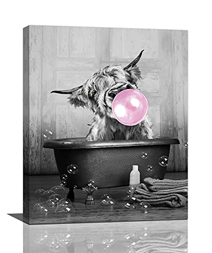 Canvas Wall Art Highland Cow Pink Bubble Gum Canvas Print Black And White Painting Bathtub Wall Decor Funny Artworks Home Decor For Bathroom Living Room Bedroom Framed Ready To Hang 16x20 Inch