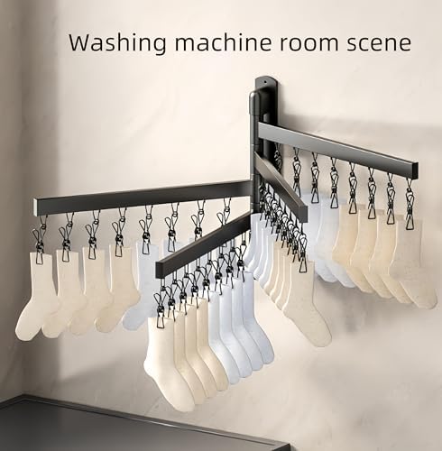 Wall Mounted Rotary Clothes Drying Rack - Space-Saving, Collapsible Laundry Organizer with Punch-Free Installation, Supports 220lbs for Bathroom, Patio & Laundry Room (White, 2 Shots, Horizontal Bar)
