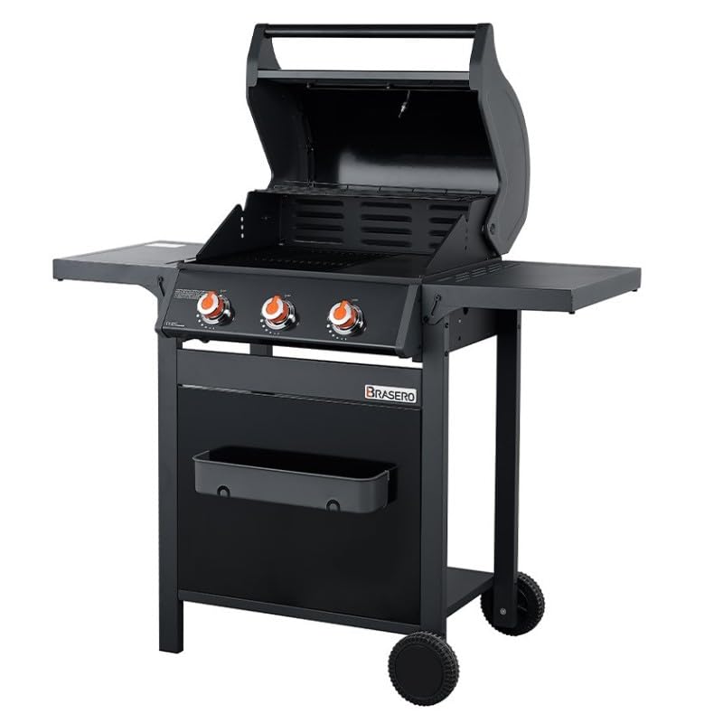 BRASERO - Barbecue SPRING II 3 Feux - Surface de cuisson mixte en Fonte émaillée - 1/2 plaque de cuisson - 1/2 grille de cuisson - 3 Brûleurs à gaz - Puissance de...