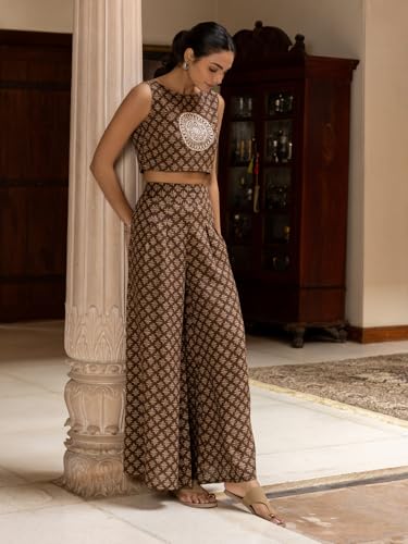 Image of FIORRA Women Cotton Printed Brown Embroidered Co-Ord Set