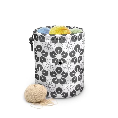 Image of Sellikakes Black White Cherry Blossom Yarn Bag Crochet Storage Organizer, Knitting Yarn Holder for Chrocheting Project, Store Skein Ball, Short Knitting Needle