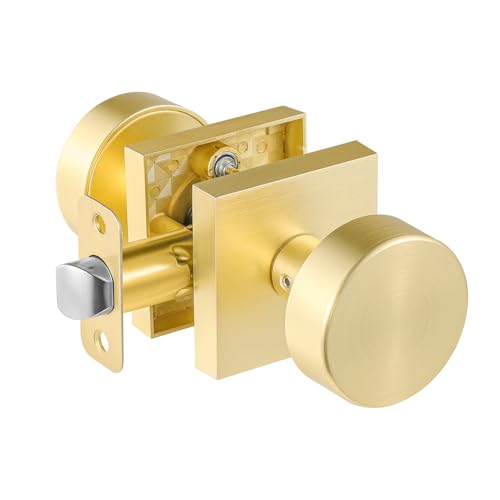 newliplace Passage Brass Door Knobs Interior, Brushed Gold Passage Door Knobs, Square Gold Door Handles for Closet Hallway, Heavy Duty Design
