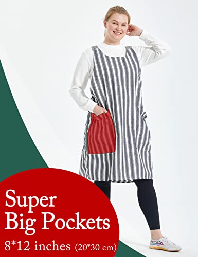 Apronner Cross Back Plus Size Linen Aprons For Women With Pockets Blend Dress For Baking Cooking Gardening Works Black Stripes #TOP2