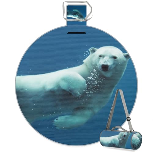 Shimoshe Marine Polar Bear Picnic Outdoor Blanket Foldable Waterproof Sandproof Beach Blanket Portable Water-Resistant Round Picnic Mat for Travel Camping Park Lawn
