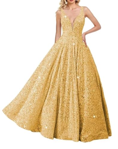 KURFACE Robe de bal longue à paillettes scintillantes avec col en V pour femme, doré, 44