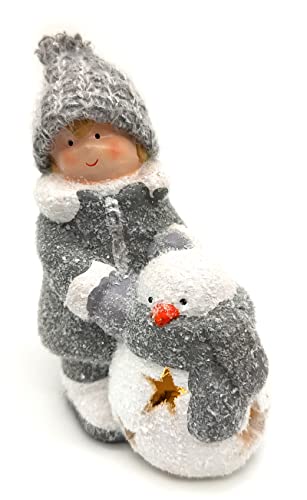 DARO DEKO Winterkind Junge mit LED Schneemann 16cm Dekofigur...