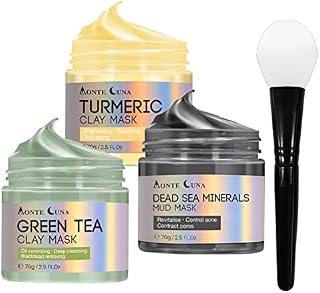 Monte Luna Green Tea Clay Mask, Dead Sea Minerals Mud Mask, Turmeric Clay Facial Mask, Face Masks Skincare for Pore, Blackhead, Blemish and Acne, 70g each