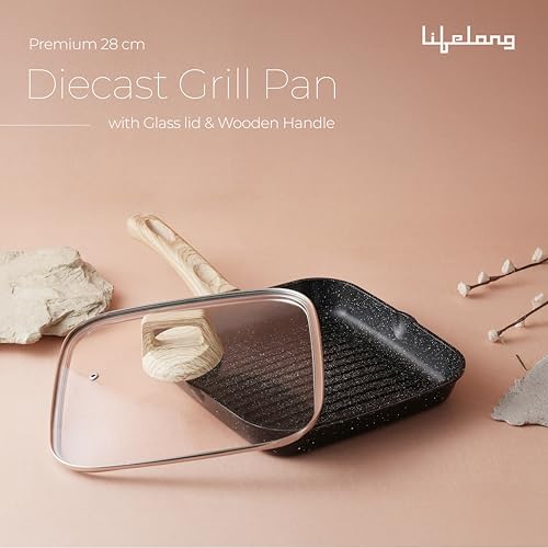 Image of Lifelong Diecast Aluminium Square Grill Pan 25cm with Wooden Spatula & Glass Lid | 1.2L, 1.56kg |Even Heat Distribution, Toxin & Teflon Free, Non-Stick & Durable | Perfect for Fish,Omelettes & Veggies