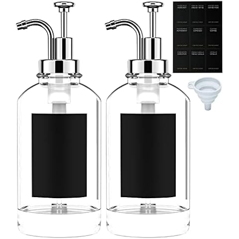 LINGJIONG 2 Pcs Coffee Syrup Dispenser Bottle, 500ml Glass Pump Bottles With Labels, Coffee Dispenser Bottle With Pump, Clear Glass Pump Bottle, Syrup Dispenser Bottle For Coffee Bar Cover