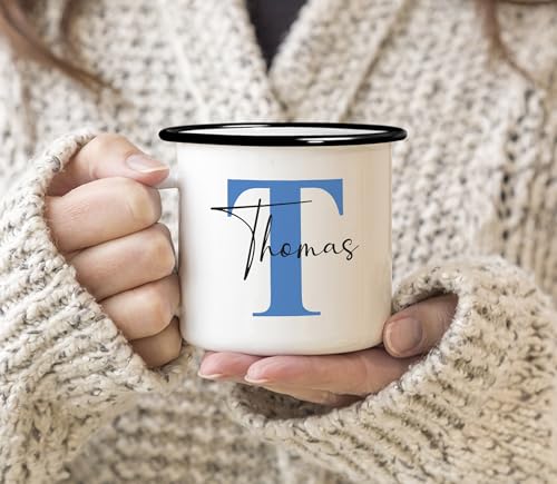 SpecialMe® Emaille-Tasse mit Namen Buchstabe Emaille-Becher Monogramm Initiale personalisierte Geschenke Namensaufdruck Weiss-schwarz… – Ansicht 5