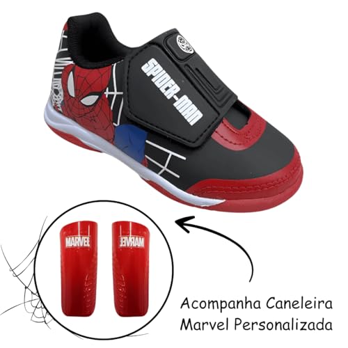 Chuteira Futsal Tênis Infantil Juvenil Super-Herói Aranha Preto (Preto/Vermelho, BR, Criança de 1 a