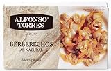 Berberechos al Natural. Peso Neto 111 gramos. Peso Escurrido 63 gramos. Categoría Gourmet. Con ingredientes 100% Naturales: Berberechos, Agua y Sal. Alfonso Torres.
